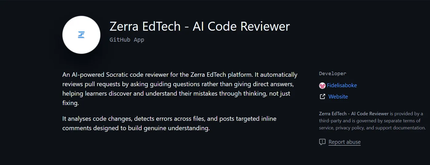 Zerra EdTech AI Code Reviewer GitHub App page